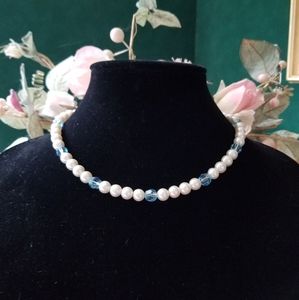 Vintage Napier Faux Pearl and Blue bead Necklace